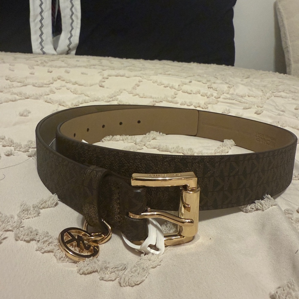 Michael Kors Brown Signature Logo Belt with Gold Buckle